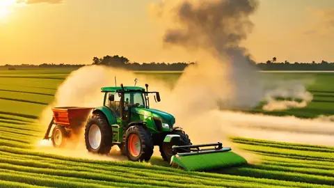 Tractor applying fertilizer across green agricultural fields